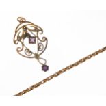 Art Nouveau 9ct gold amethyst and seed pearl pendant and a broken 9ct gold necklace, the pendant 4cm