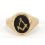 9ct gold and black onyx masonic signet ring, size T, 5.3g : For Further Condition Reports Please