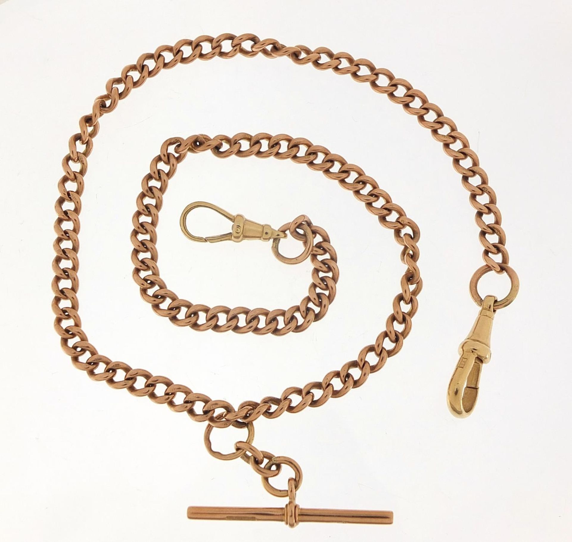 9ct rose gold watch chain with T bar, 45cm in length, 36.0g : For Further Condition Reports Please - Image 2 of 4