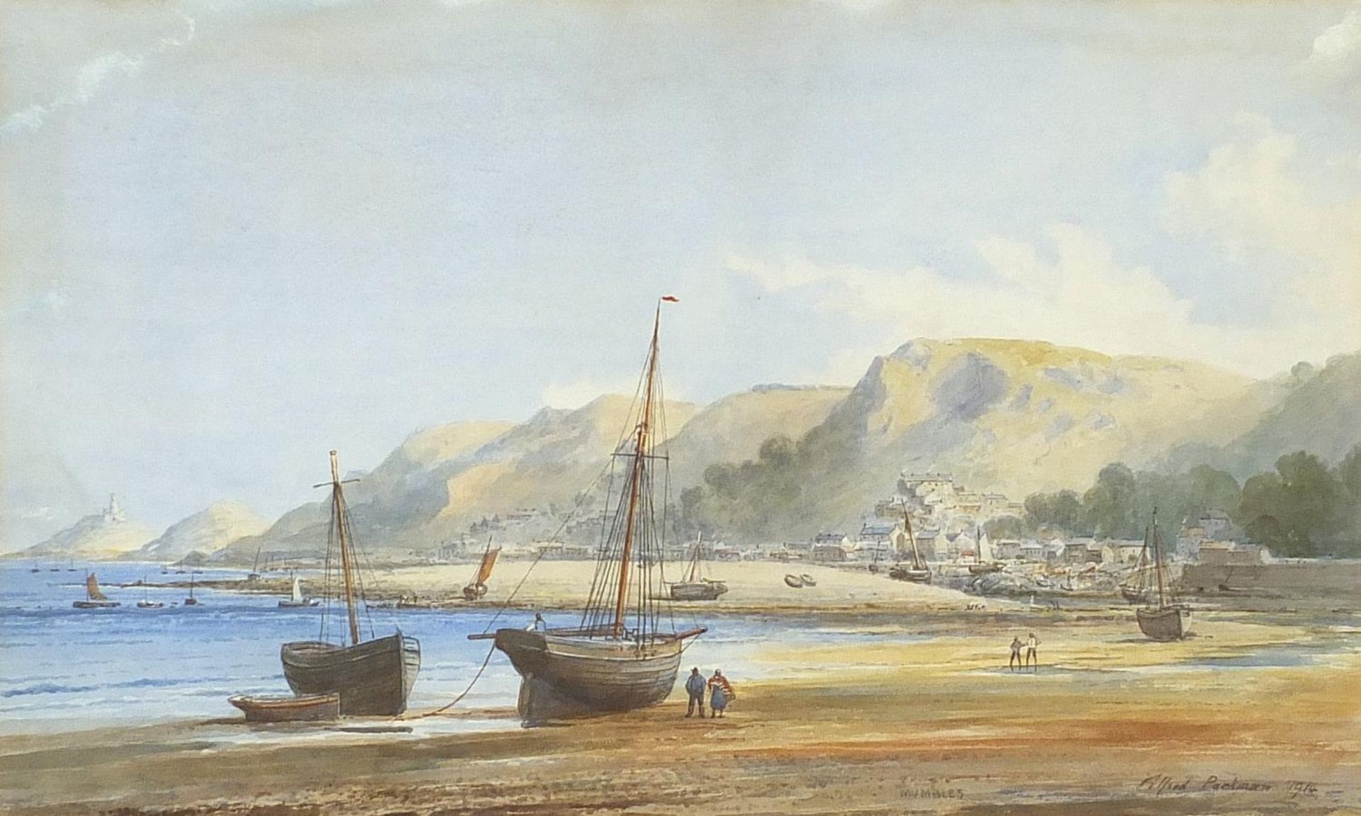 Alfred Edward Parkman - Mumbles Beach with moored boats and figures, early 20th century watercolour,