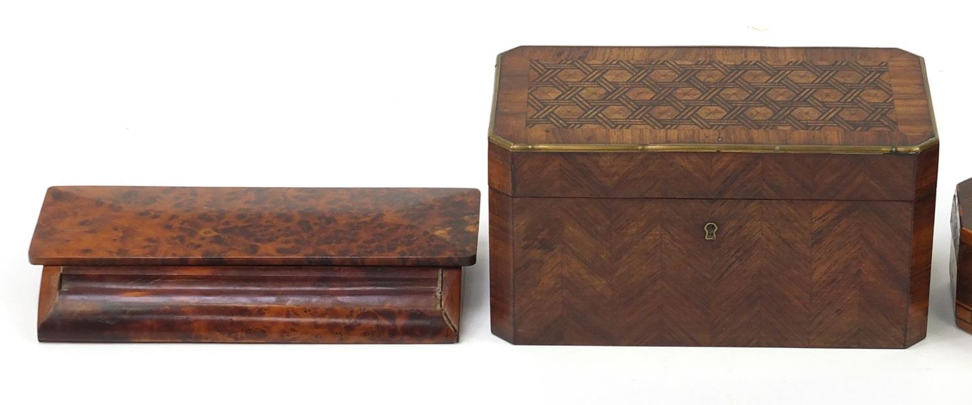 Woodenware including an inlaid rosewood tea caddy with twin divisional interior and a burr wood - Image 2 of 6