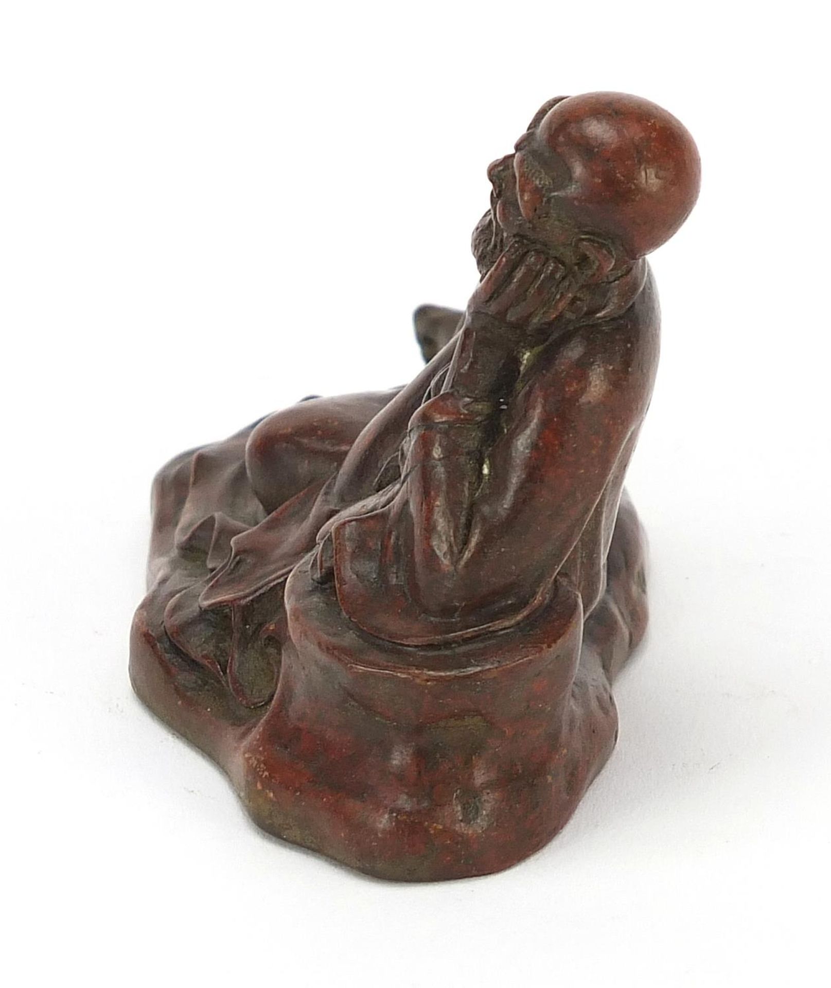 Japanese patinated bronze figure of an immortal, character marks to the base, 8cm wide : For Further - Image 5 of 8