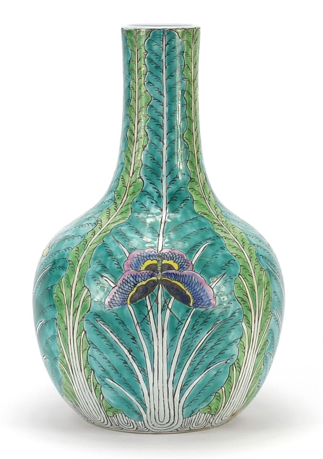 Chinese porcelain vase hand painted with butterflies and cabbage leaves, 33.5cm high : For Further - Image 3 of 8