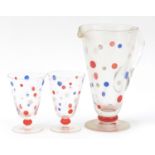 1970's poker dot glass lemonade jug and two glasses, the jug 23.5cm high : For Further Condition