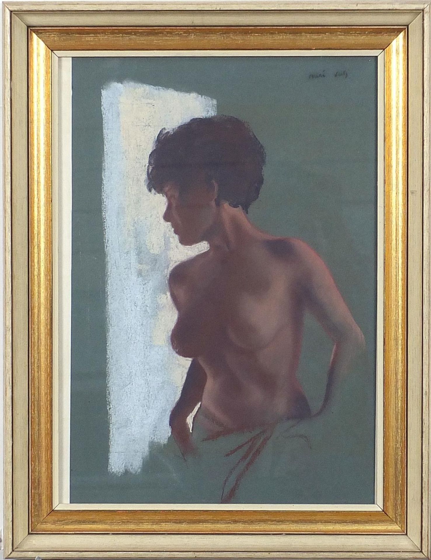 Mimi Kati - Top half portrait of a nude female, pastel, mounted, framed and glazed, 40cm x 27cm - Image 2 of 4