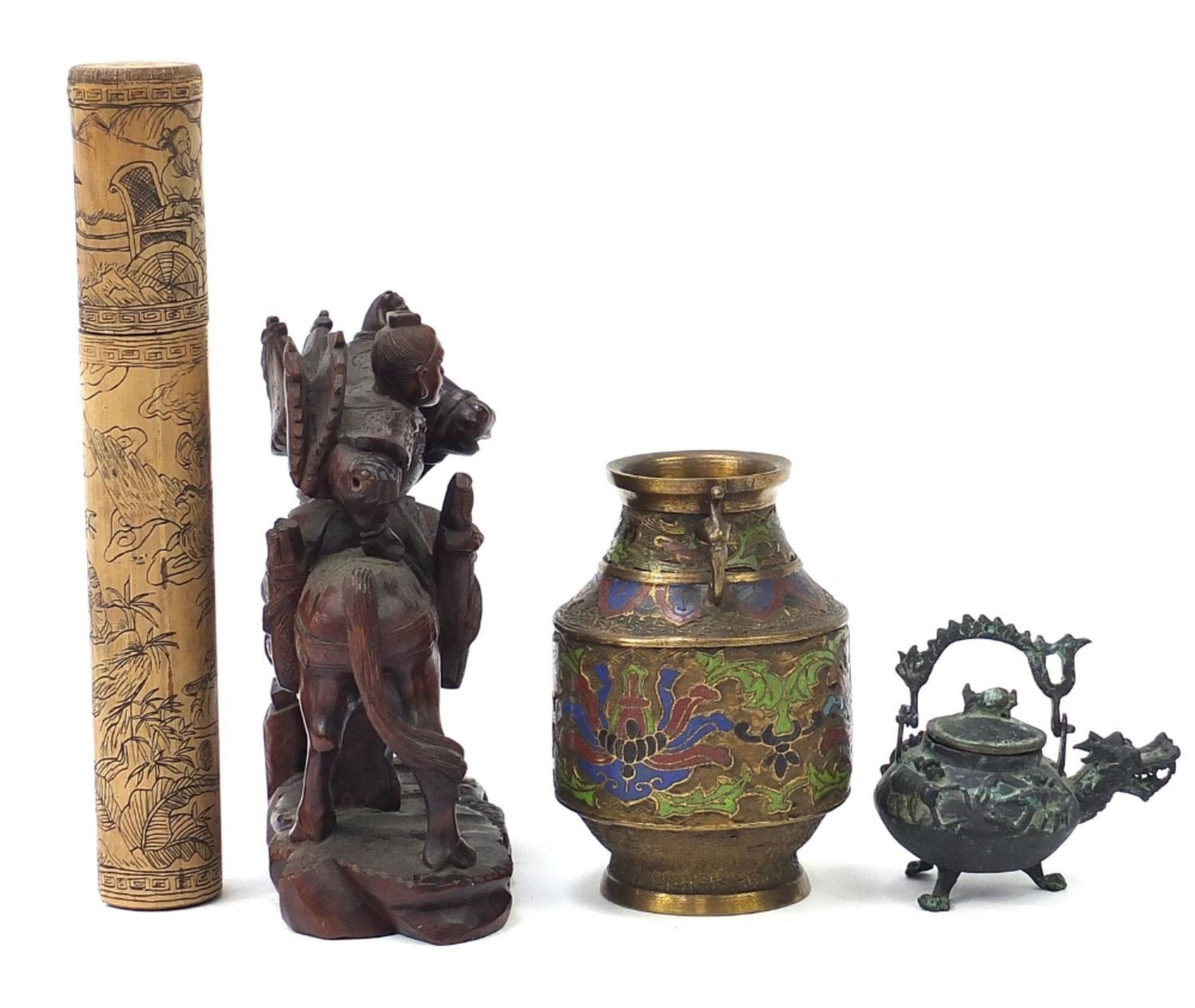 Chinese wooden and metalware including a cloisonne enamel vase, bronze dragon teapot, bamboo - Image 6 of 8