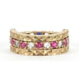 9ct gold blue, pink and white sapphire hinged triple eternity ring, size M, 5.2g : For Further