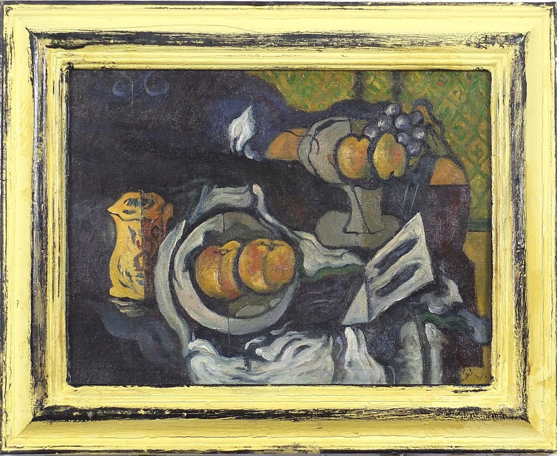 Still life with fruit, Bloomsbury school oil on board, mounted and framed, 40cm x 29.5cm excluding - Bild 2 aus 5
