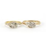 Two 9ct gold and 18ct gold diamond crossover rings, sizes I/J and O, total 4.6g : For Further