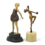 Art Deco design gilt spelter figurine of a dancing nude discus girl and an example of a Hula girl,