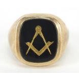 9ct gold black onyx masonic signet ring, size S, 8.3g : For Further Condition Reports Please Visit