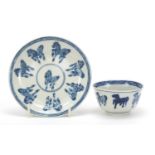 Chinese blue and white porcelain tea bowl with saucer, each hand painted with eight horses of Wang