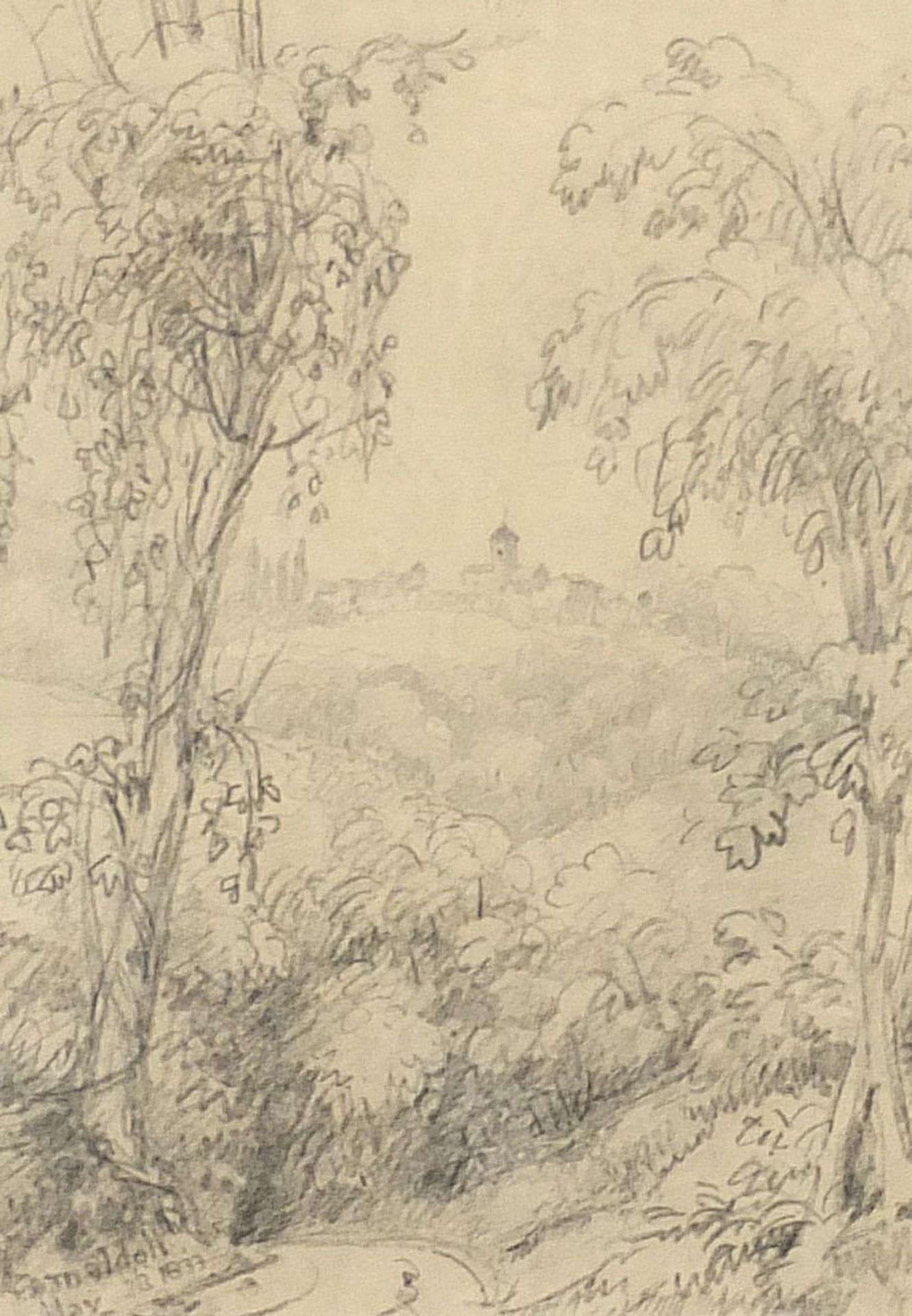 Lady Elizabeth Percy - Tuscan landscape, 19th century pencil sketch, Agnew Gallery label and details