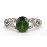 9ct white gold green stone and diamond ring, possibly tourmaline, size O, 2.9g : For Further