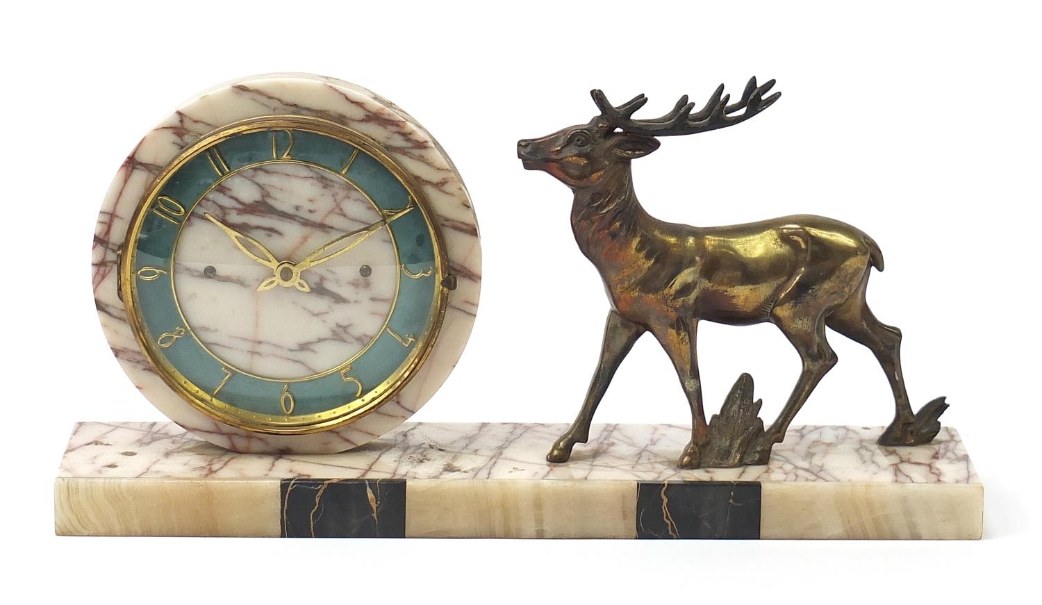 Art Deco marble stag design mantle clock with circular dial and chapter ring having Arabic numerals,