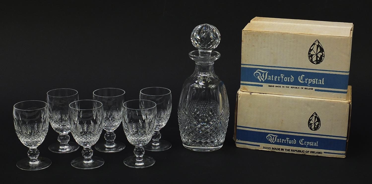 Waterford Crystal Colleen pattern decanter and six glasses with boxes, the decanter 26cm high :