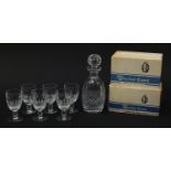 Waterford Crystal Colleen pattern decanter and six glasses with boxes, the decanter 26cm high :