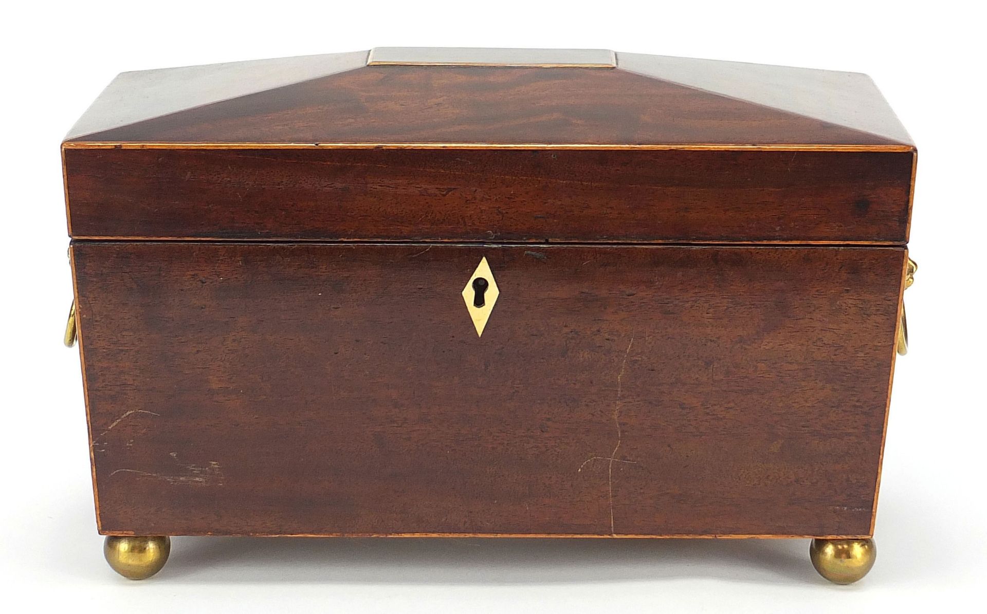 Victorian mahogany sarcophagus shaped tea caddy with ring turned lion head handles and fitted