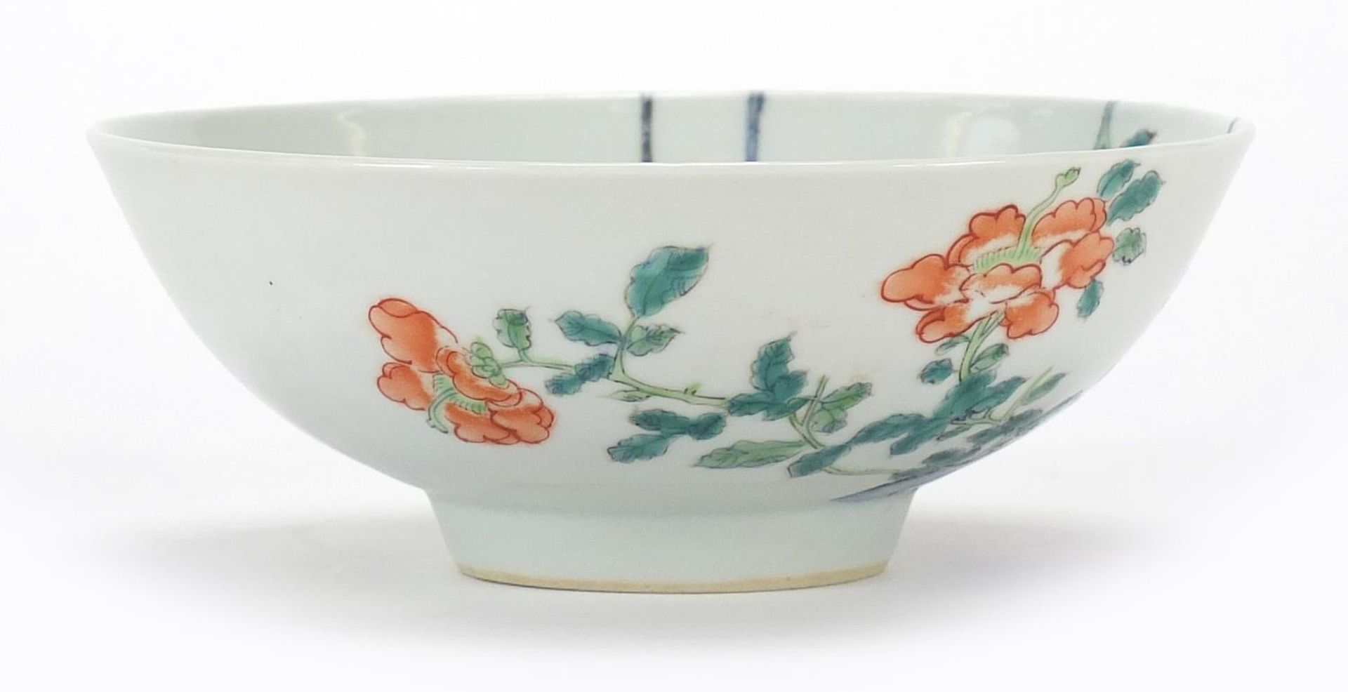 Chinese porcelain bowl hand painted in the famille rose palette with flowers, six figure character - Image 4 of 8