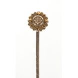 Victorian 15ct gold diamond stick pin housed in a velvet and silk lined box, 5cm in length, 1.0g :