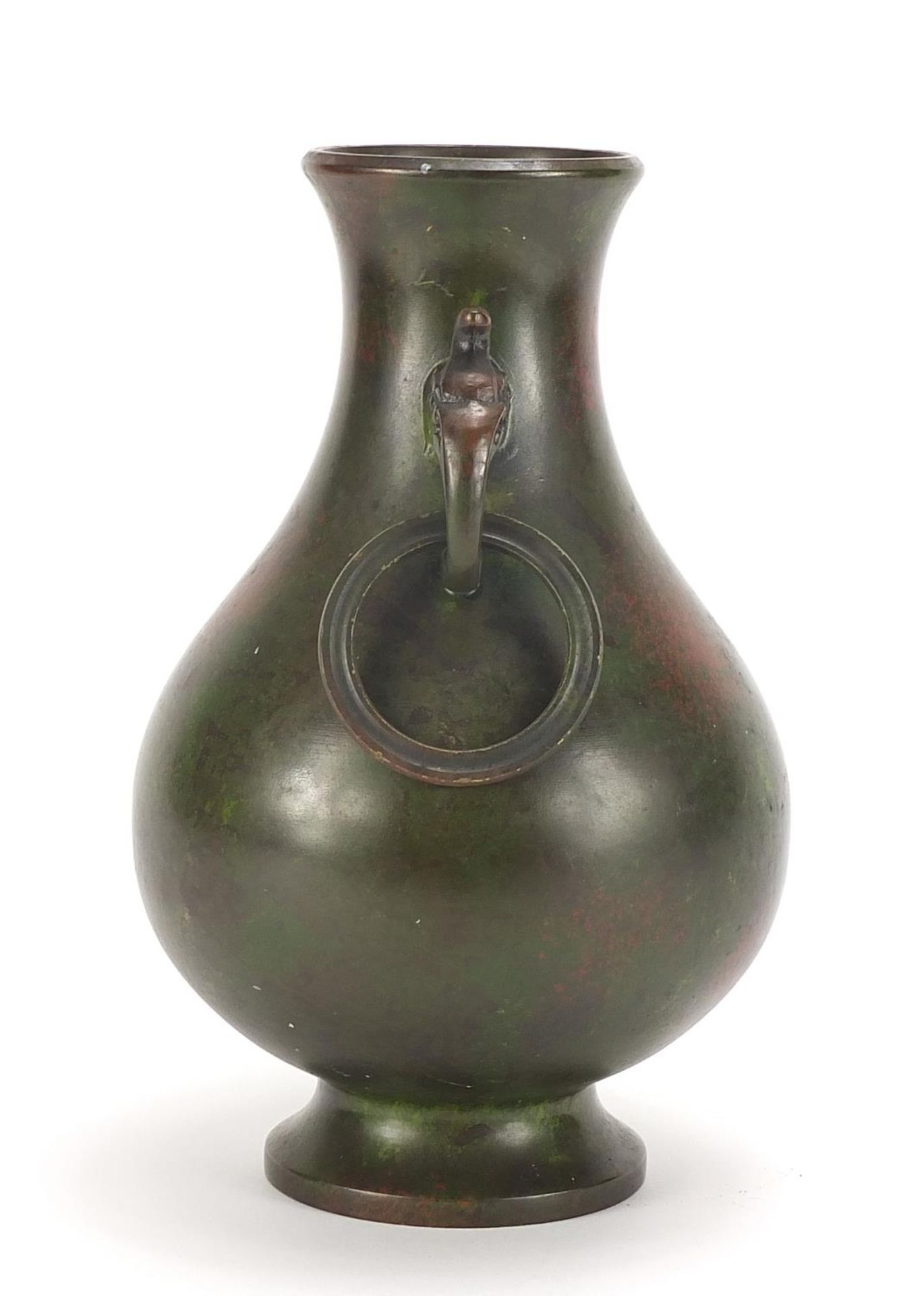 Japanese patinated bronze vase with animalia ring turned handles, impressed marks to the base, 24. - Image 4 of 8