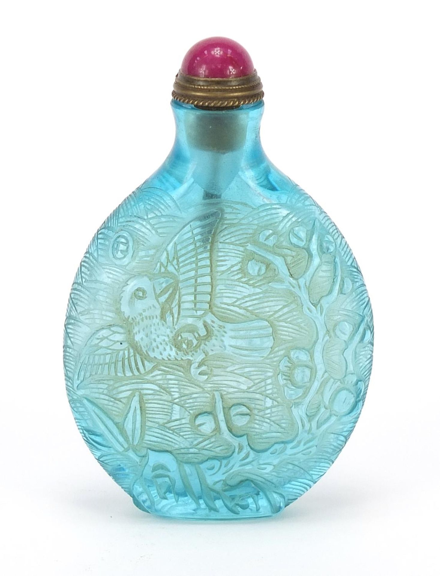 Chinese glass snuff bottle with hardstone stopper carved with birds above lilies, 8cm high : For - Image 3 of 6