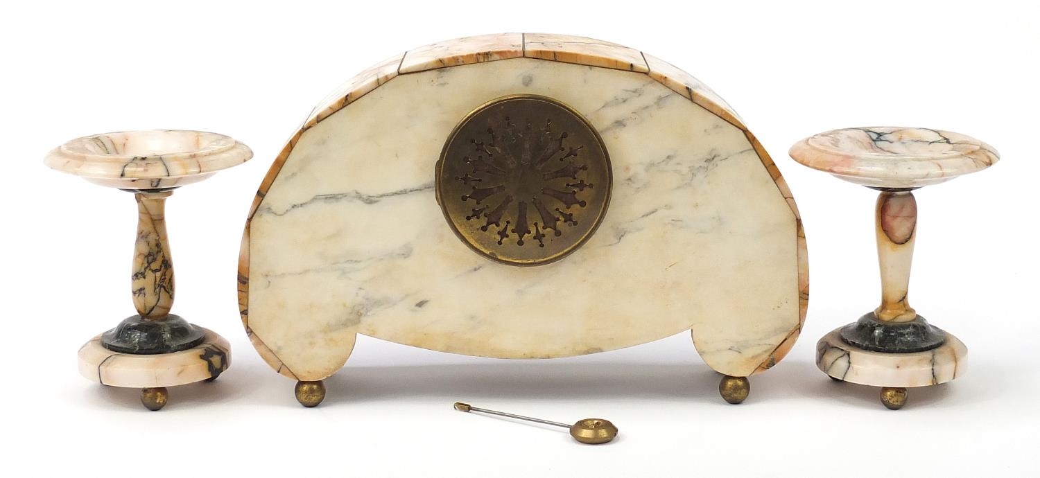 French Art Deco marble mantle clock with garnitures, the clock having a dial with Arabic numerals, - Image 5 of 6