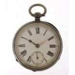 Continental gentlemen's silver open face pocket watch with enamel dial, 53mm in diameter : For