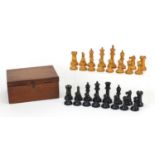 Boxwood and ebony Staunton chess set with mahogany case, possibly by Jaques, the largest piece 8.5cm