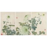 Leaves and flowers, set of three Chinese watercolours on silks, each with red seal marks, mounted,