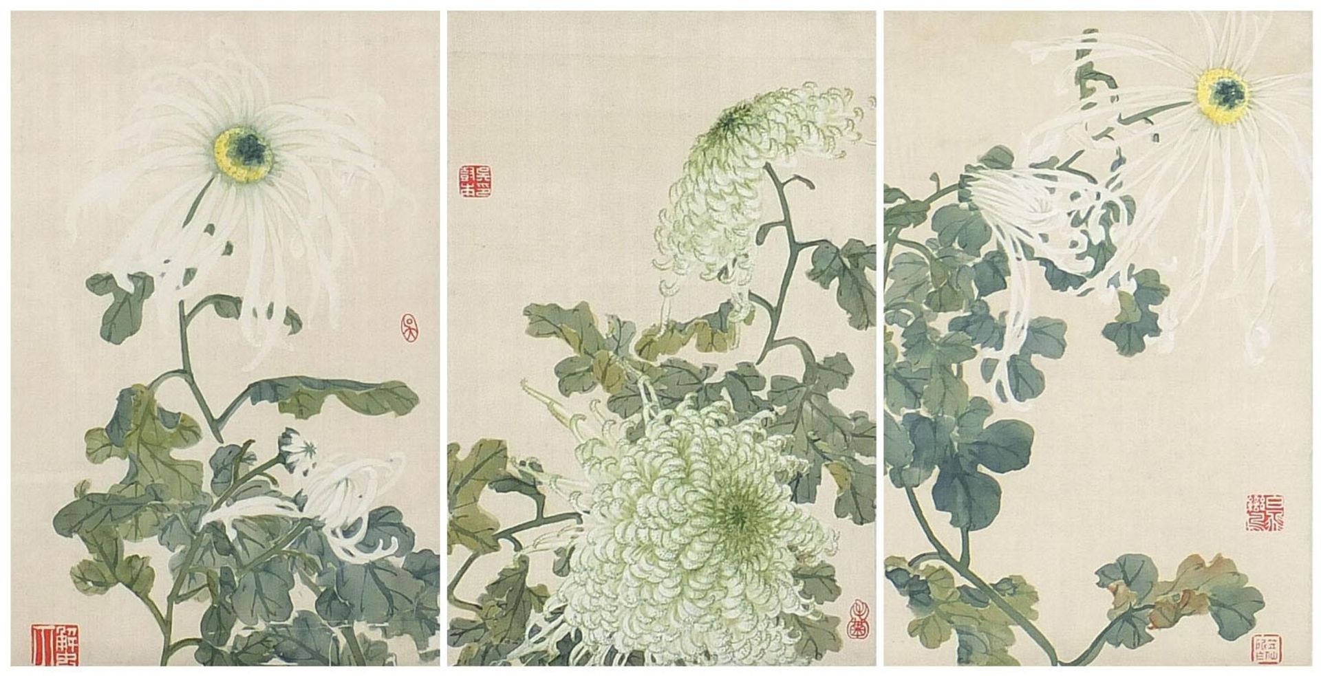 Leaves and flowers, set of three Chinese watercolours on silks, each with red seal marks, mounted,