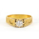 22ct gold clear stone solitaire ring with engine turned decoration, size J, 4.2g : For Further