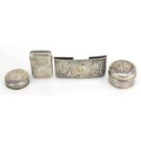 Art Nouveau silver objects including two circular boxes with covers and a French unmarked vesta,