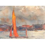 Sailing boat on water before buildings, watercolour, mounted and framed, 28cm x 25cm excluding the