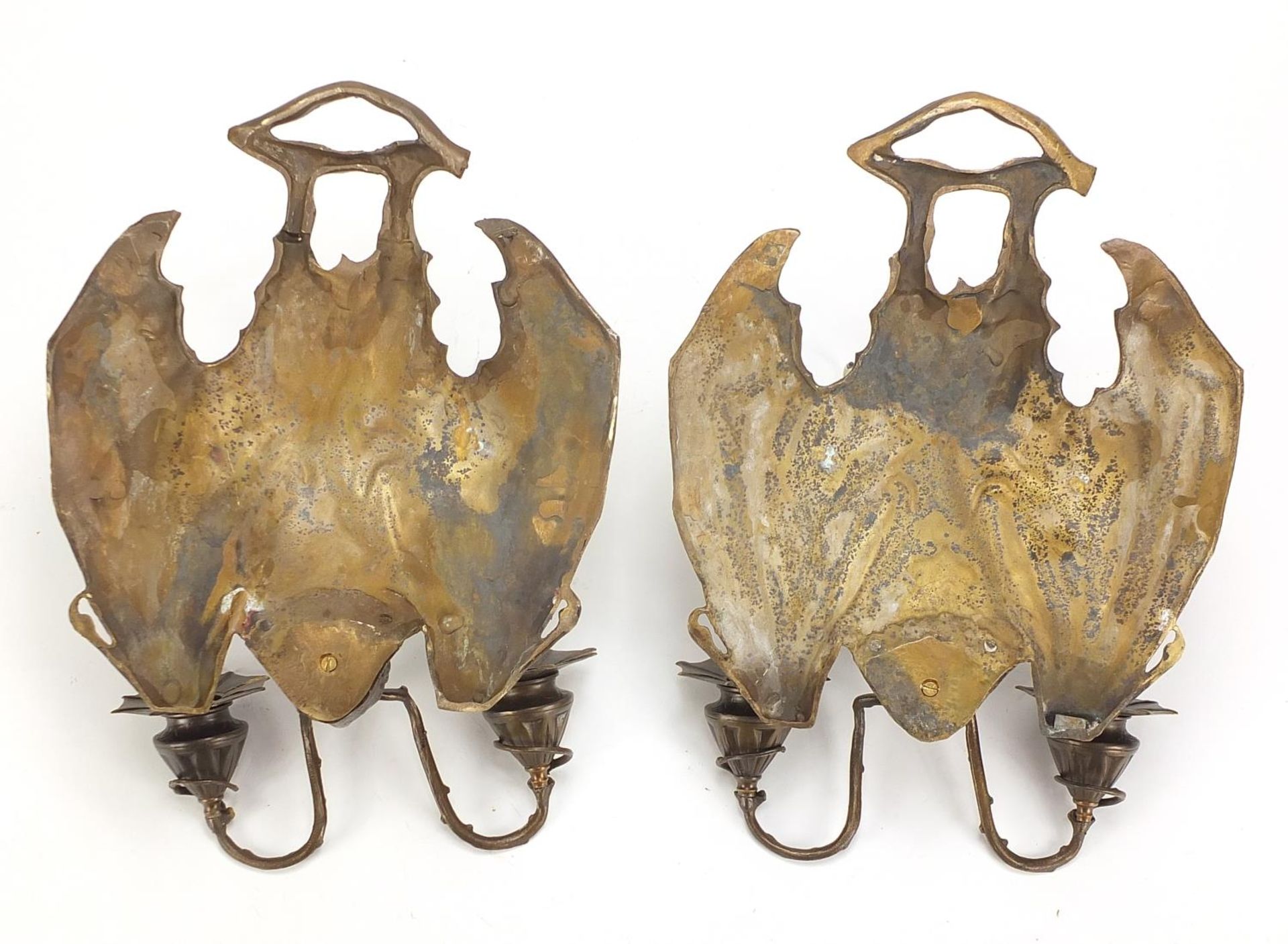 Pair of Art Nouveau style patinated bronze two branch bat design wall sconces, each 36cm high : - Image 3 of 3