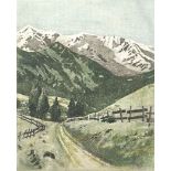 Swiss Alps, print in colour on silk, indistinctly signed to the mount, mounted, framed and glazed,