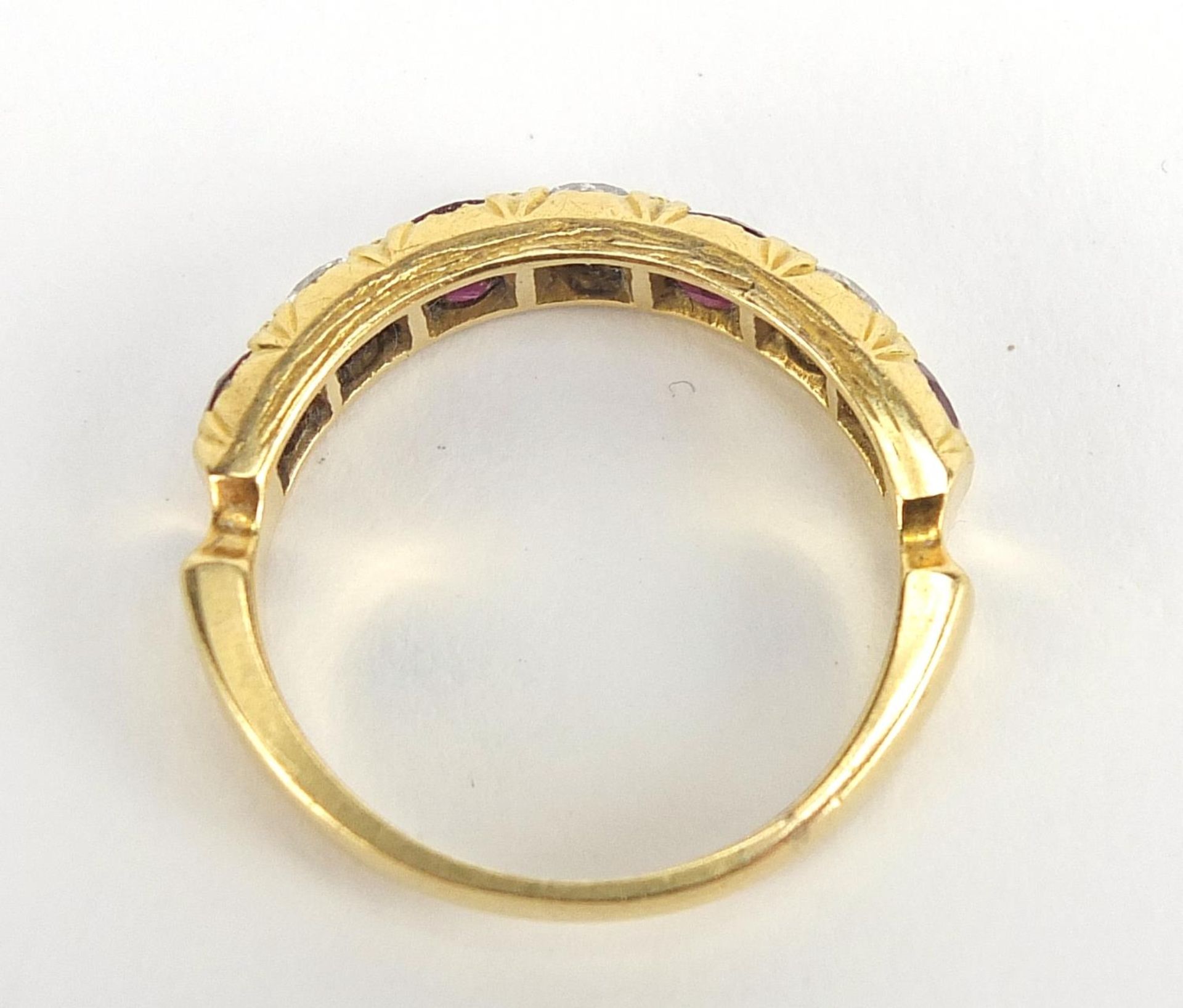 18ct gold diamond and ruby half eternity ring, the diamonds approximately 3.2mm in diameter, size R, - Image 6 of 6