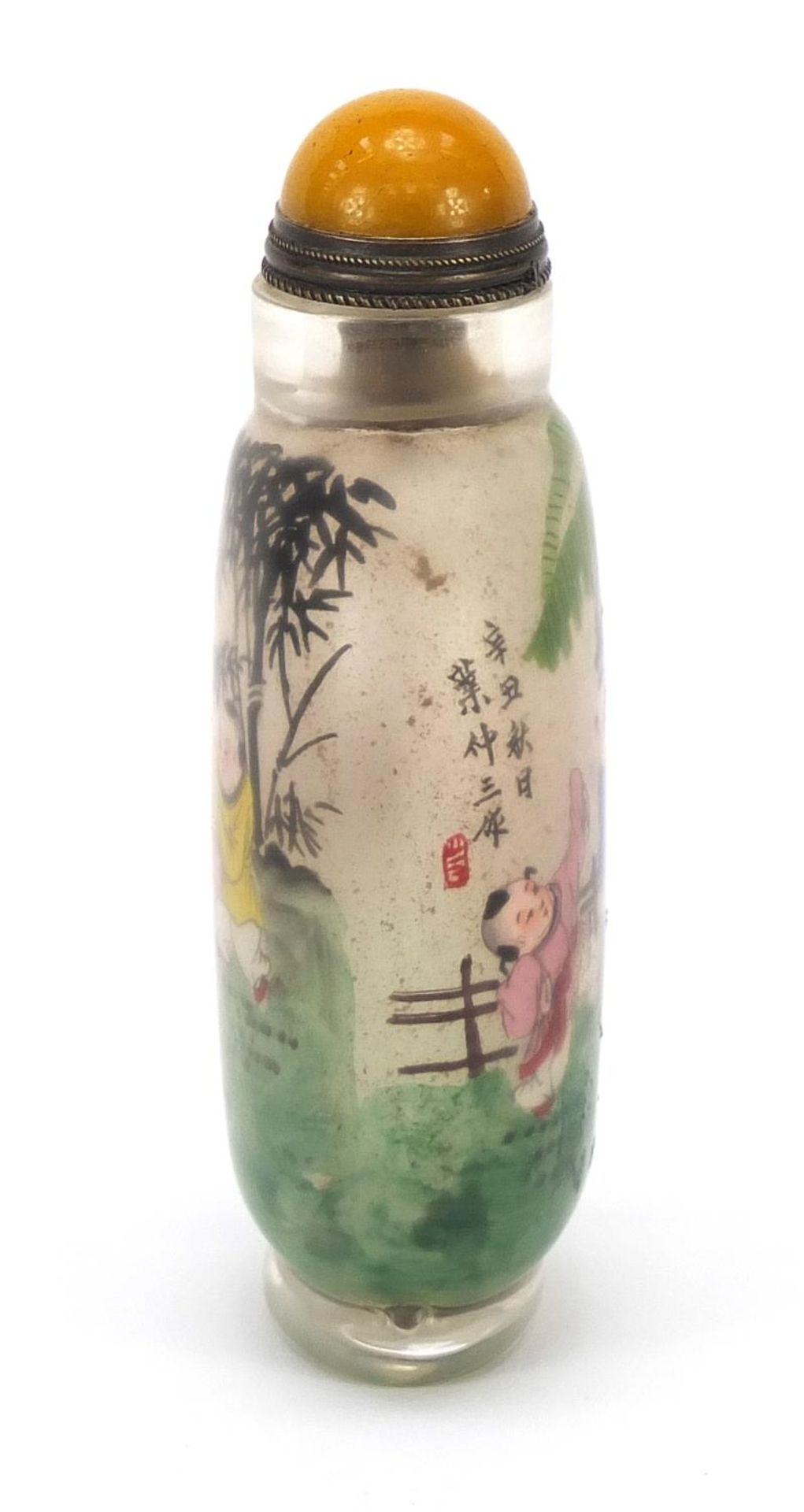 Chinese glass snuff bottle with hardstone stopper, internally hand painted with an Emperor, 9.5cm - Image 4 of 7