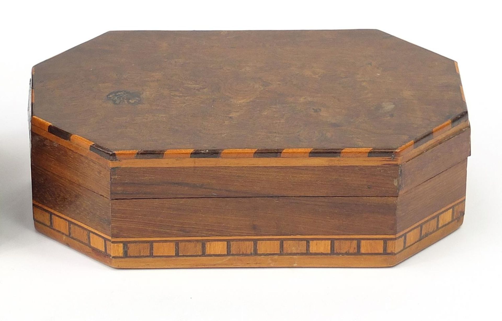 Woodenware including an inlaid rosewood tea caddy with twin divisional interior and a burr wood - Image 3 of 6