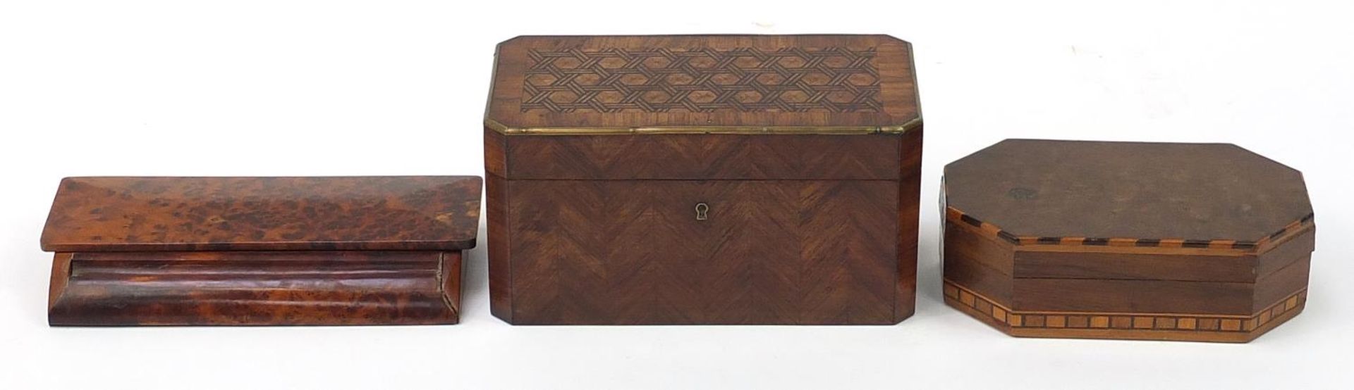 Woodenware including an inlaid rosewood tea caddy with twin divisional interior and a burr wood