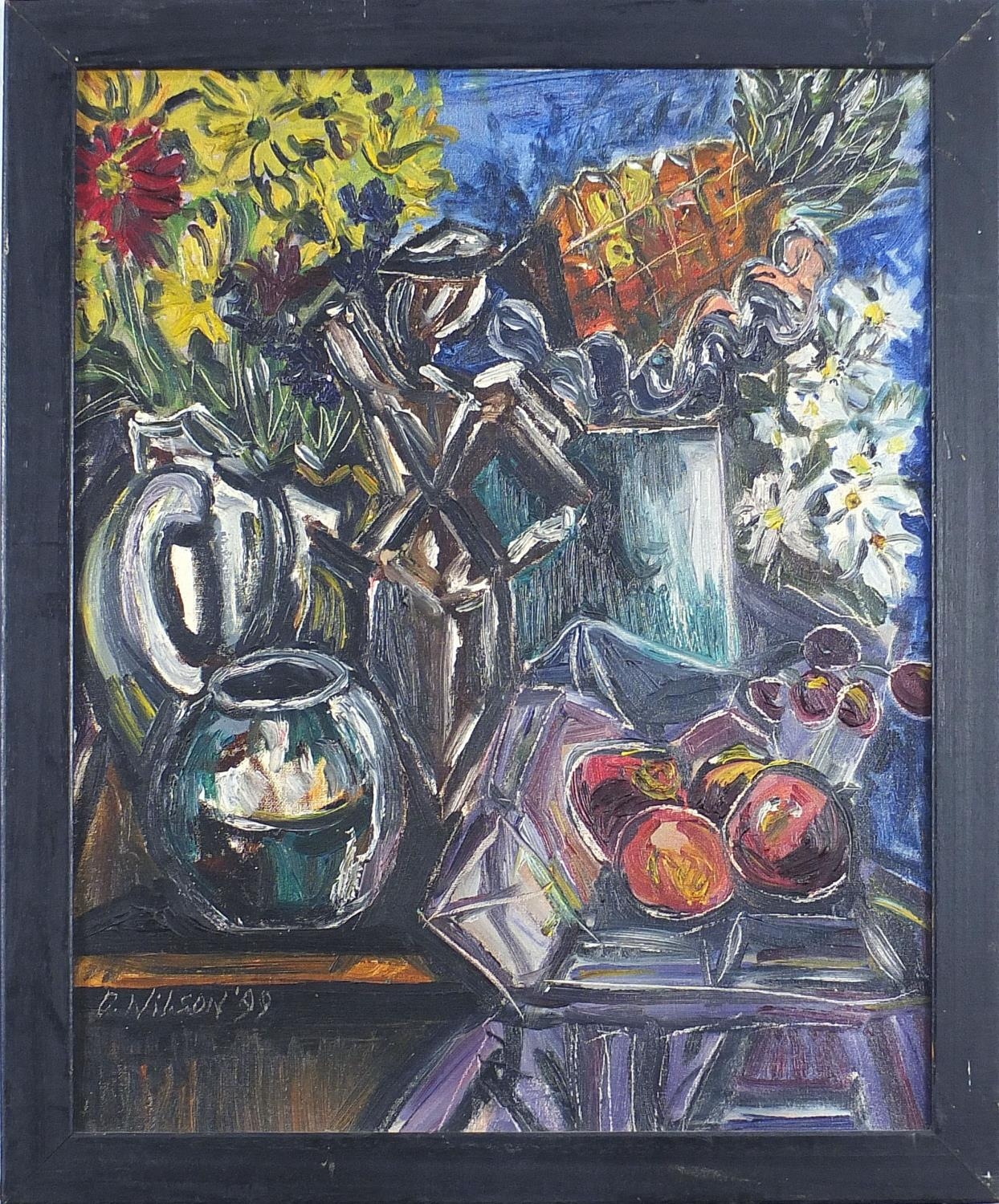 Still life flowers and fruit, oil on board, indistinctly signed, possibly O Wilson, framed, 54cm x - Image 2 of 4