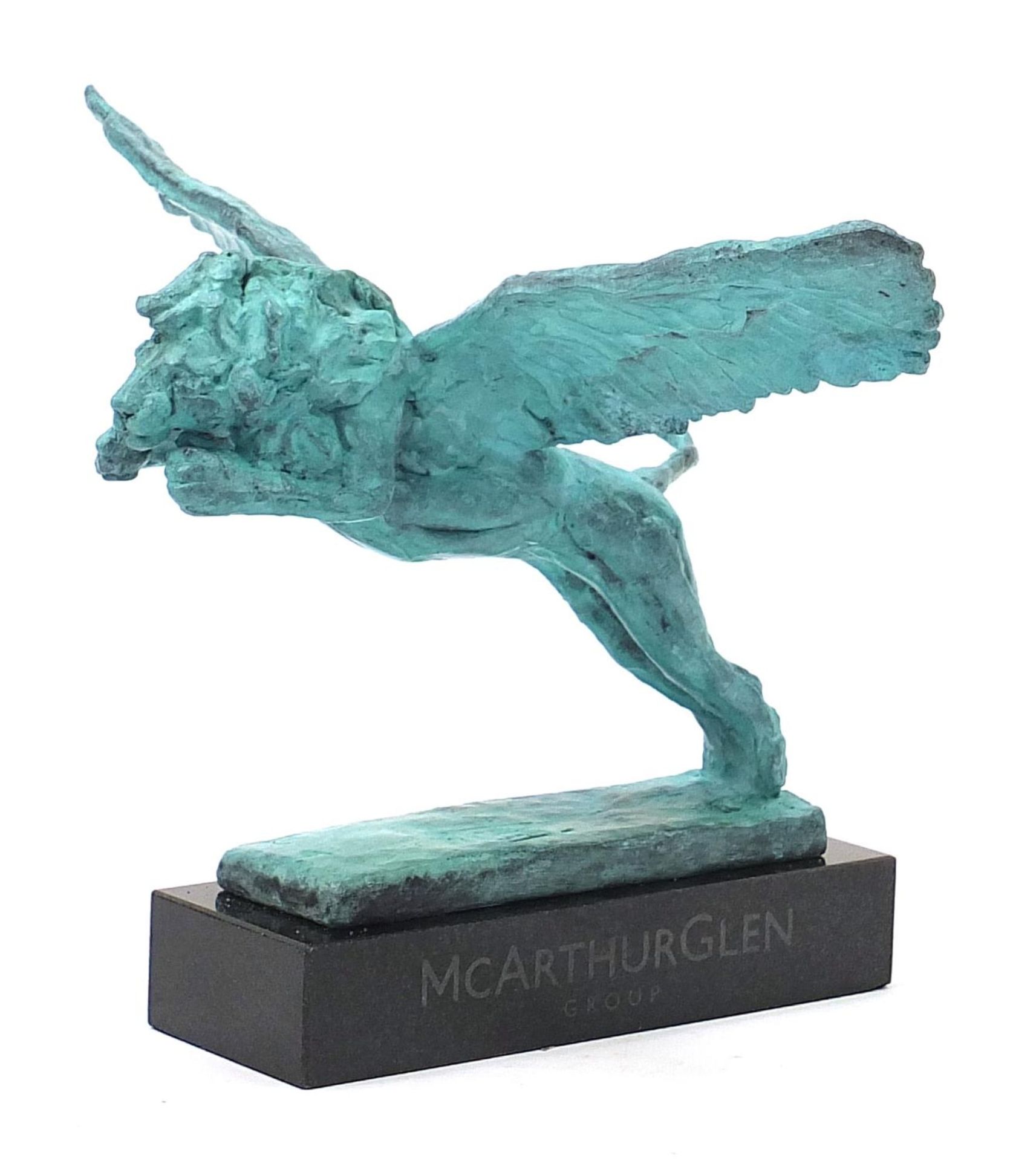 Mark Coreth for McArthur Glen Group, Verdigris bronze study of a winged lion raised on a rectangular - Image 2 of 6