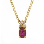 18ct gold ruby and diamond pendant on an 18ct gold necklace, 1.1cm high and 48cm in length, total