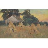 Joseph Vickers de Ville 1897 - Hayricks before a cottage, oil on wood panel, indistinctly