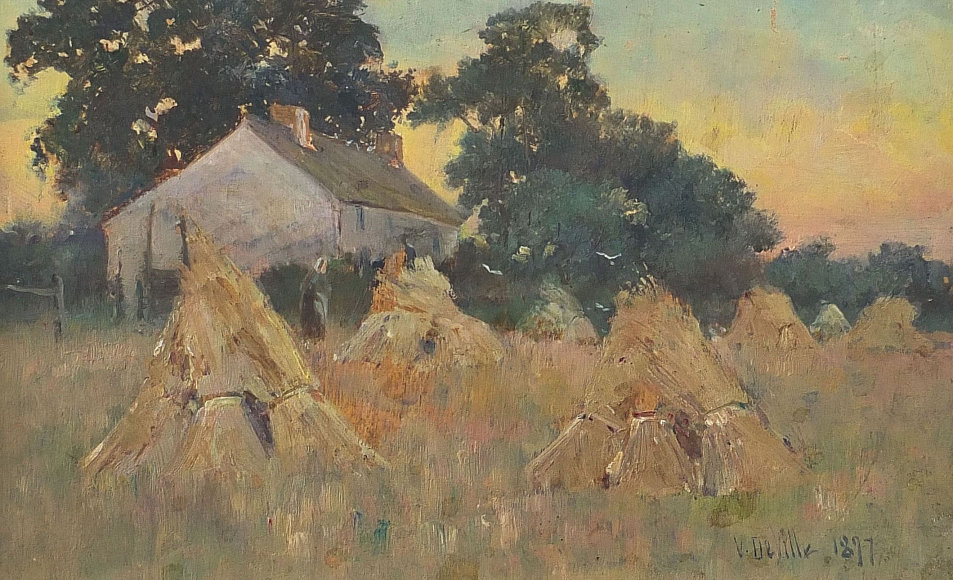 Joseph Vickers de Ville 1897 - Hayricks before a cottage, oil on wood panel, indistinctly