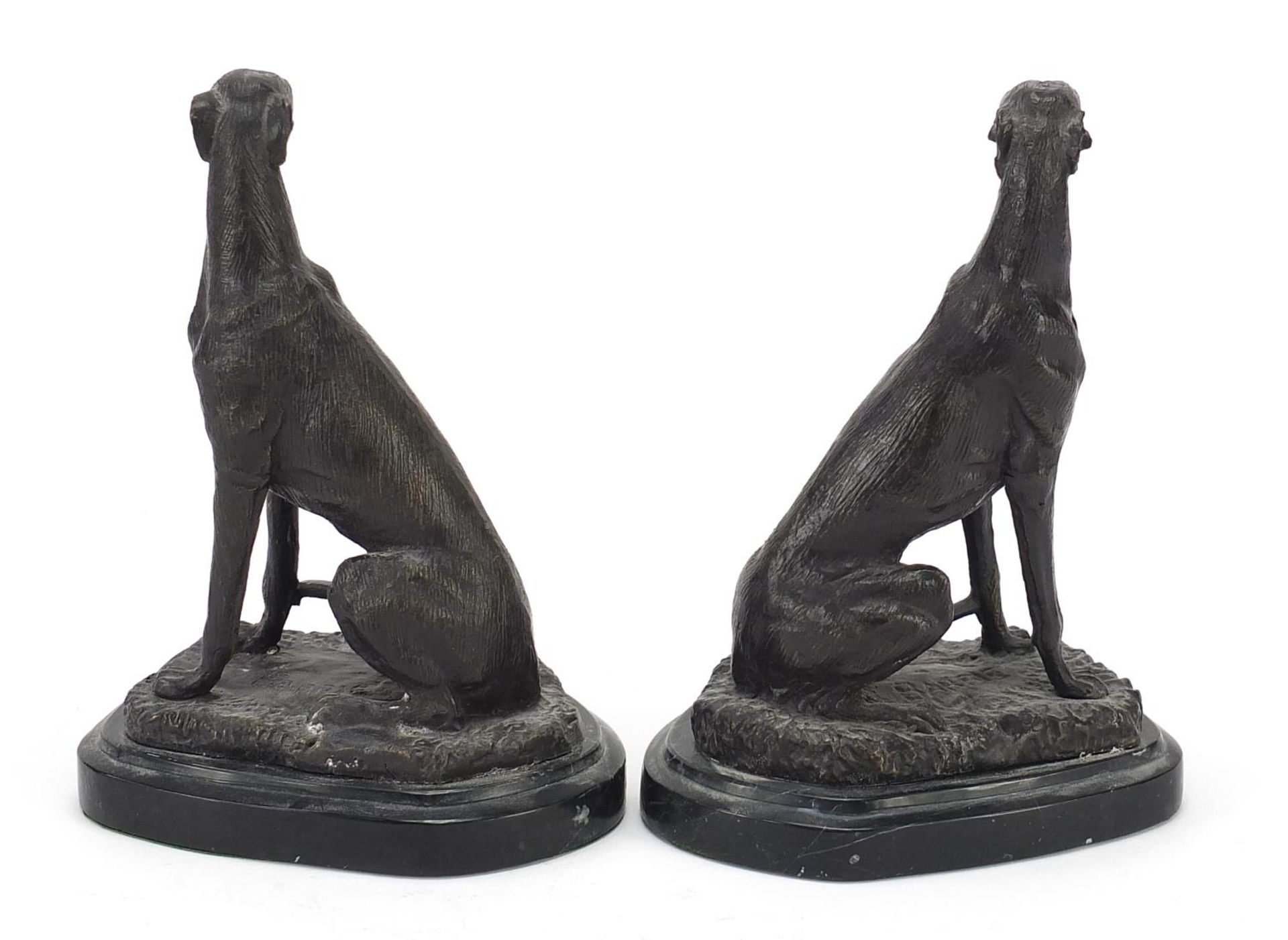 Patinated bronze greyhounds raised on shaped marble bases signed Barrie, each 20cm high : For - Image 2 of 4