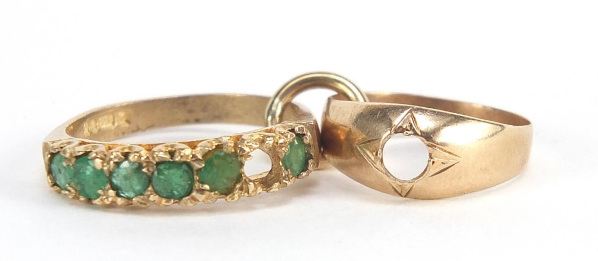Two 9ct gold rings including one set with emeralds, sizes M and E, total 4.3g : For Further