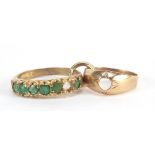 Two 9ct gold rings including one set with emeralds, sizes M and E, total 4.3g : For Further