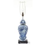 Large Delft baluster vase table lamp hand painted with figures and flowers, 55cm high excluding