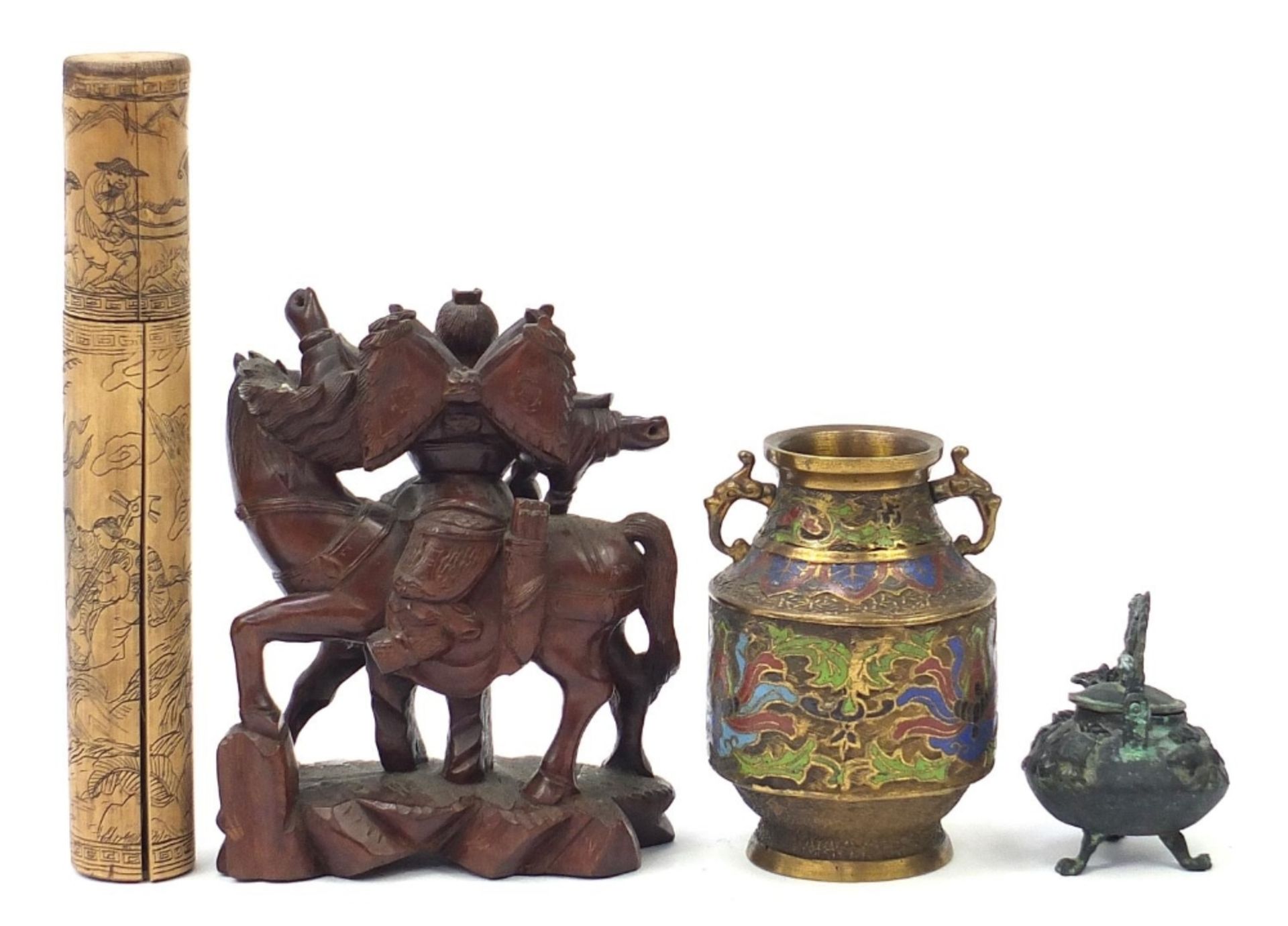 Chinese wooden and metalware including a cloisonne enamel vase, bronze dragon teapot, bamboo - Image 5 of 8